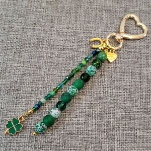 Handmade Green Beaded Bag Charm with Gold Green Four Leaf Clover